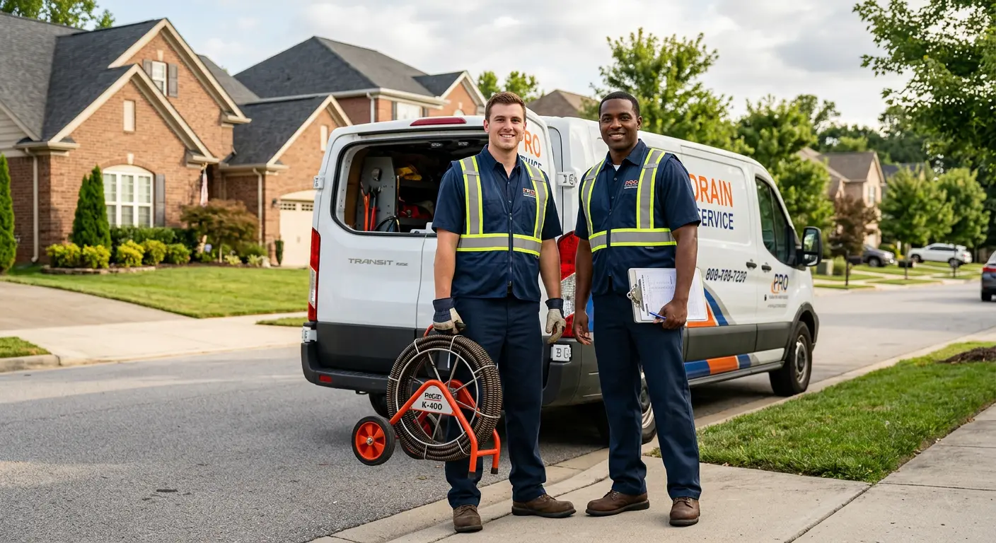Sewer and drain service team with equipment ready for work in Hermon