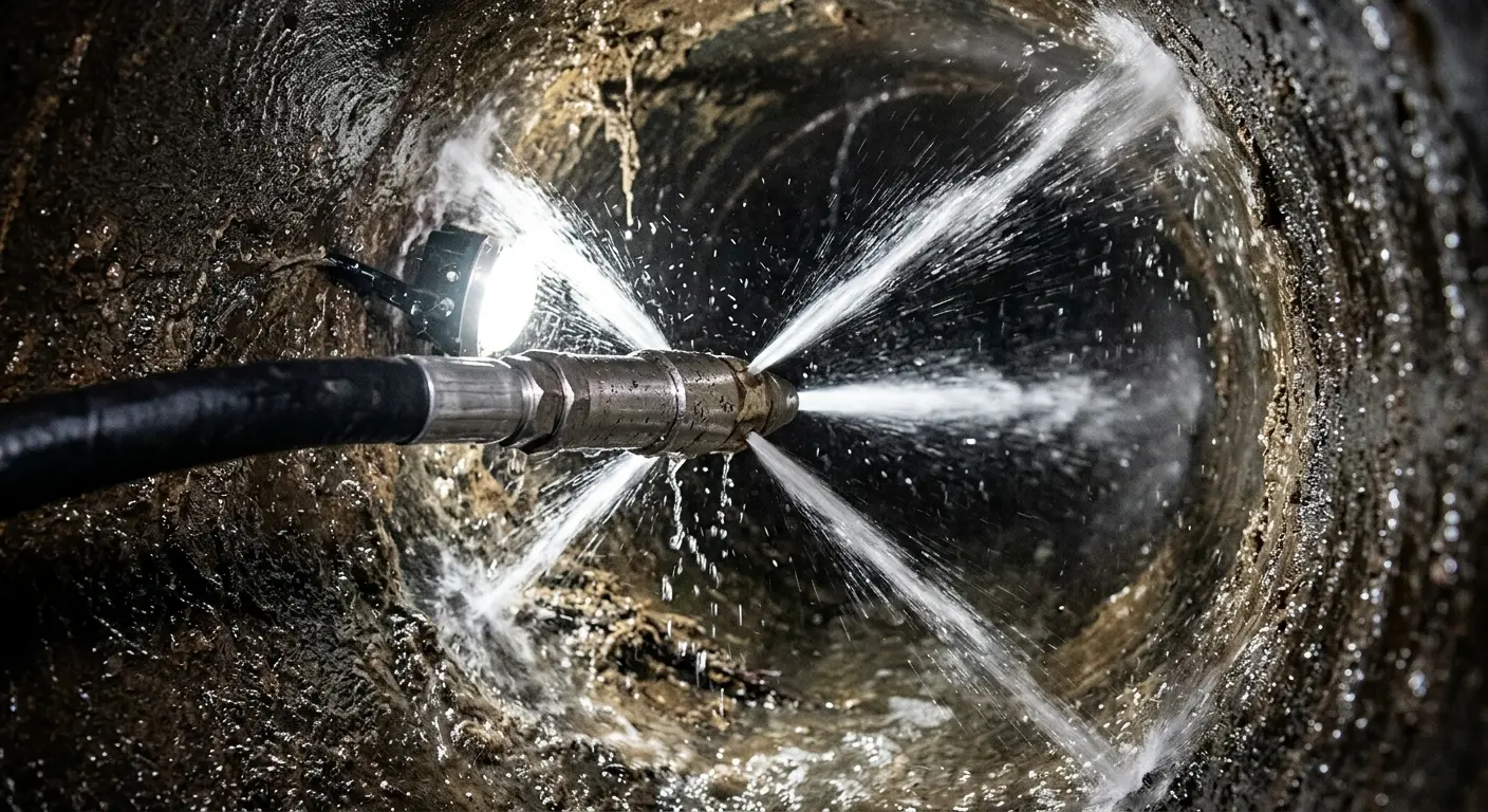 High-pressure hydro jetting nozzle cleaning sewer pipe for Emergency Drain Service in Hermon