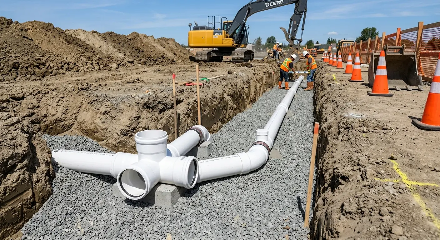 New PVC sewer pipe installation in open trench for Sewer Backup in Hermon