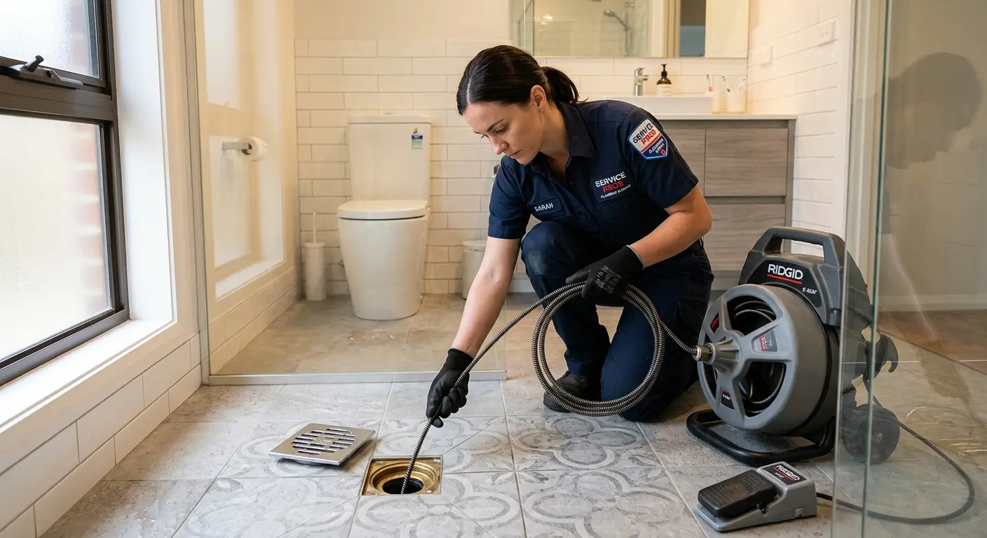 Technician clearing a bathroom floor drain for Sewer Line Replacement in Hermon